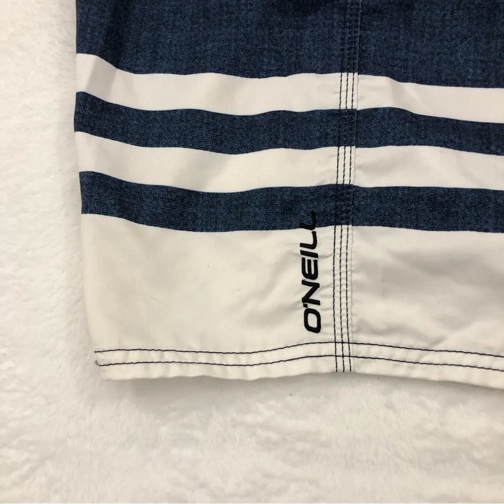 O’Neill Patriotic Navy Blue White Striped Surf Board Shorts Swim Trunks Mens 36